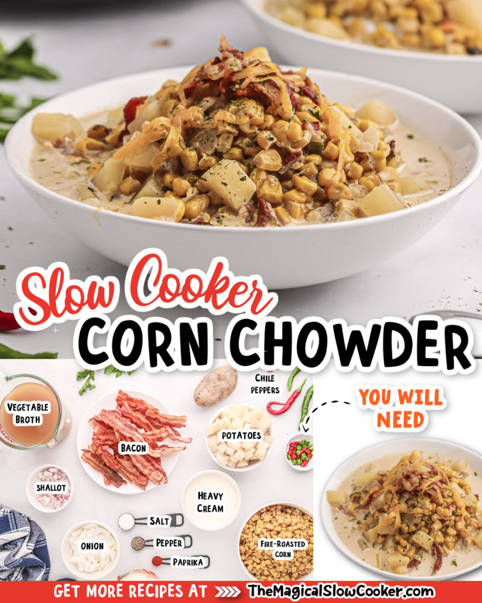 Collage of corn chowder images with text of what ingredients are.