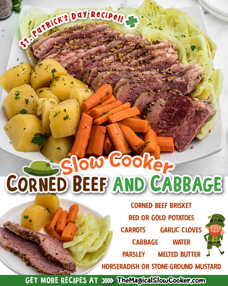 collage of corned beef and cabbage images with text of ingredients needed.