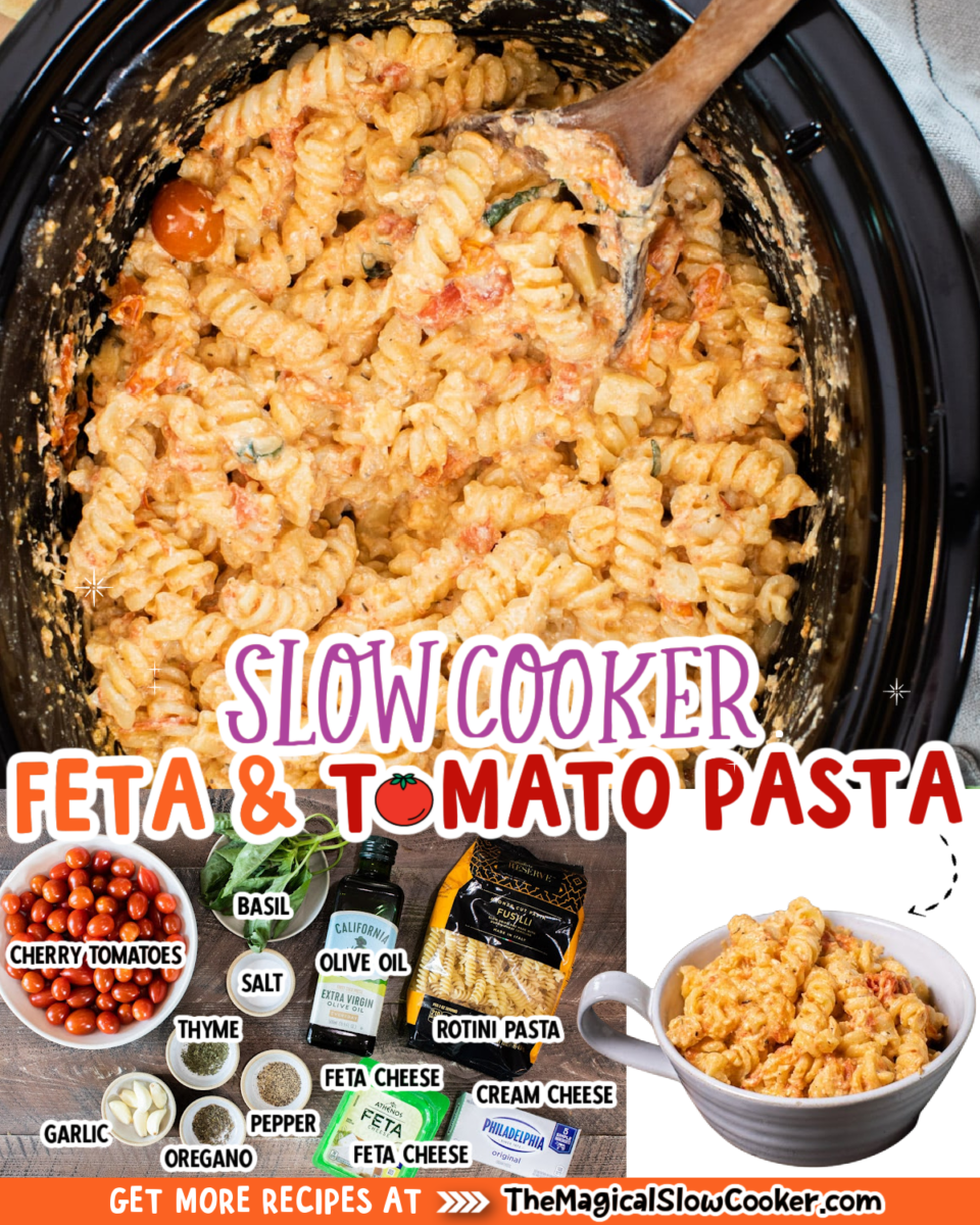 Collage of feta pasta images with text of what ingredients are.