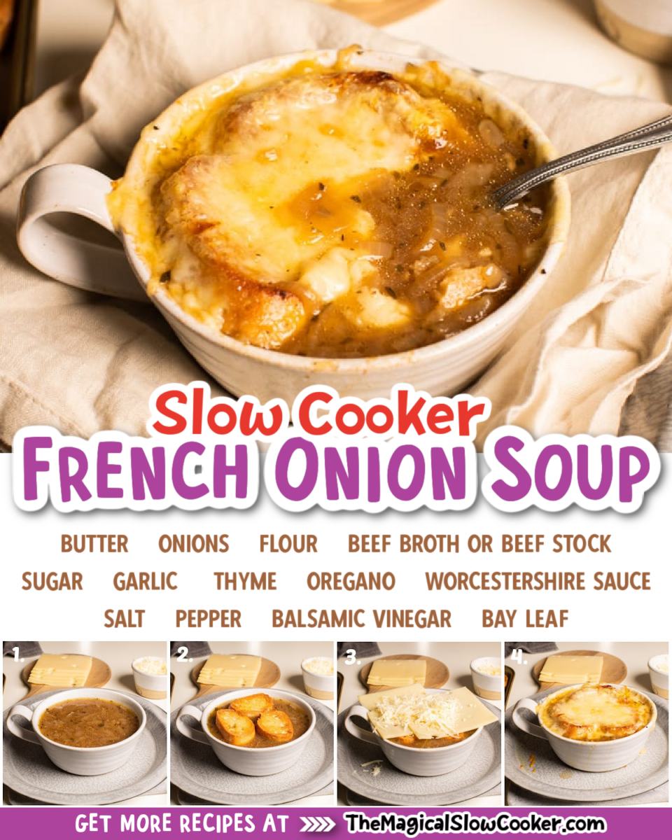 Collage of french onion soup images with text of what ingredients are.
