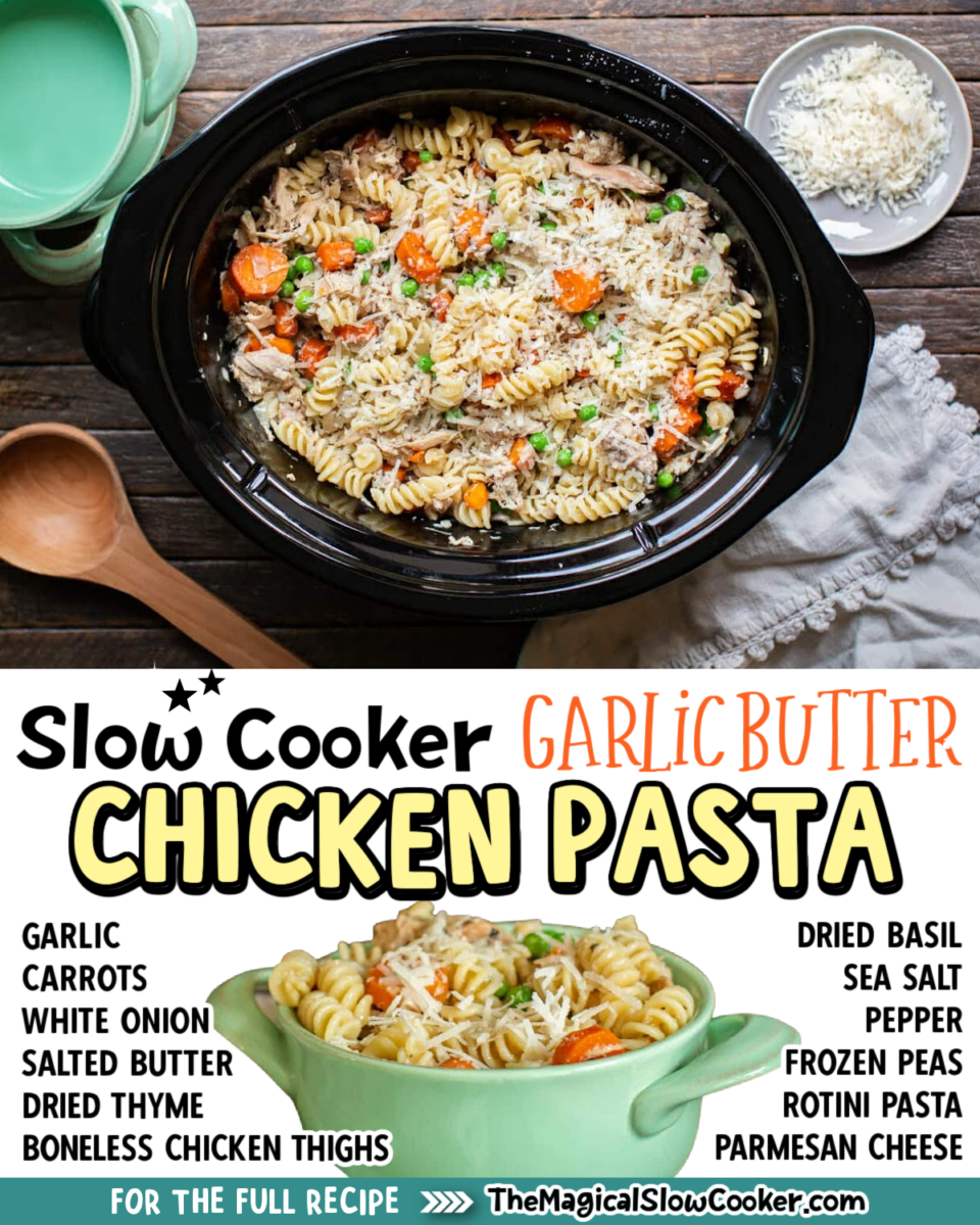Collage of garlic butter pasta images with text of what ingredients are.