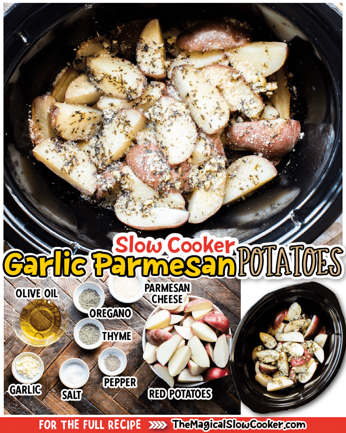 Collage of garlic parmesan potatoes images with text of what ingredients are.