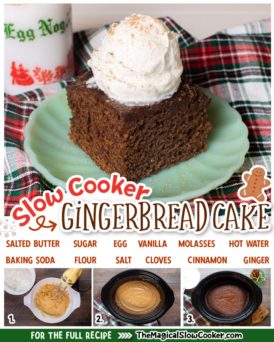 collage of gingerbread cake with text of what ingredients are needed.