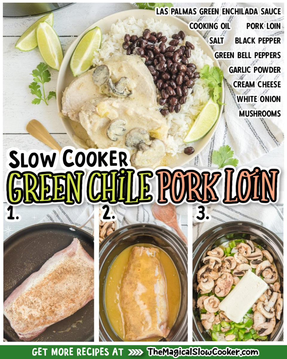 Collage of green chile pork loin images with text of what ingredients are.
