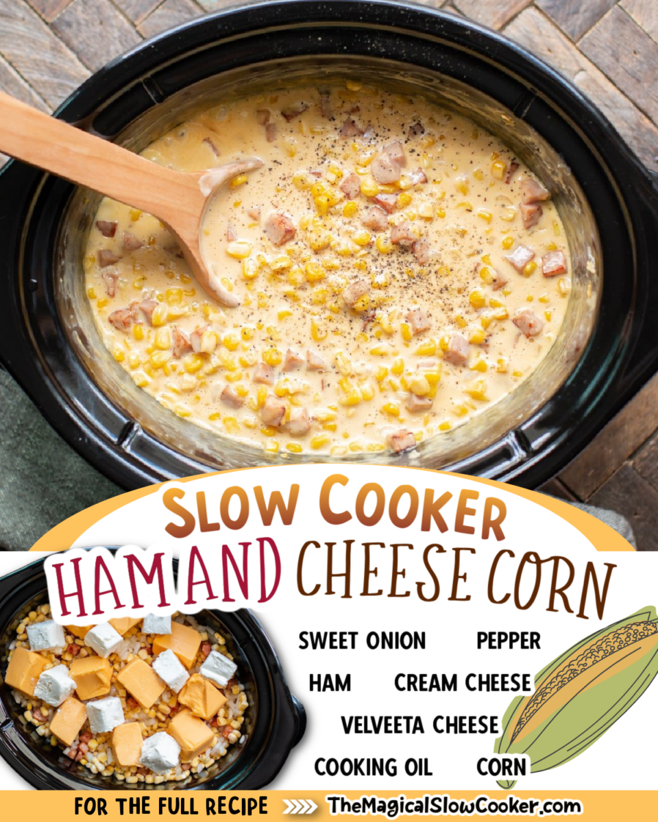 Collage of ham and cheese corn images with text of what ingredients are.
