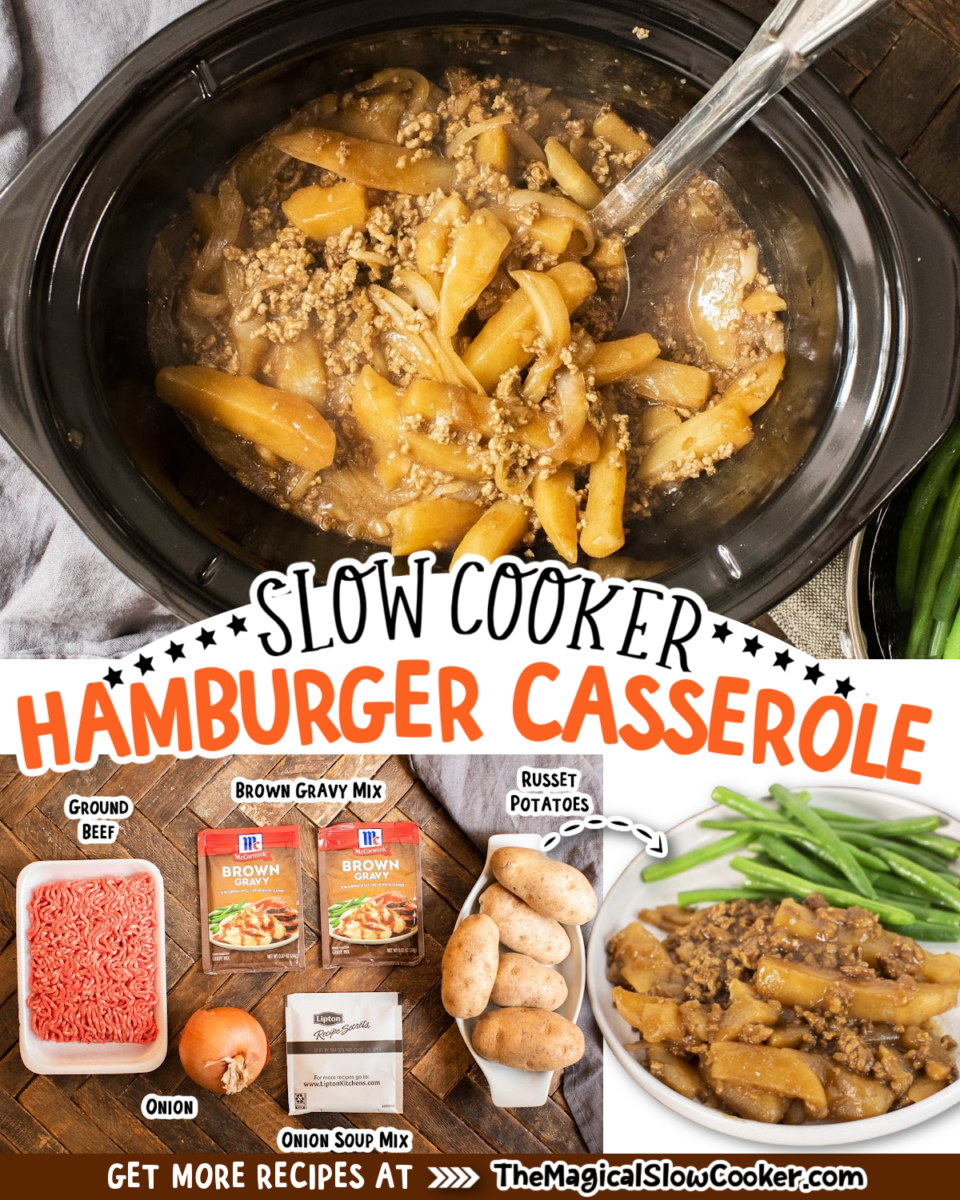 Collage of hamburger casserole images with text of what ingredients are.