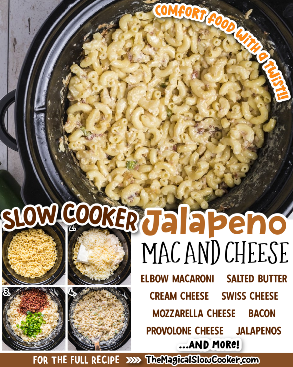 Collage of jalapeno mac images with text of what ingredients are.