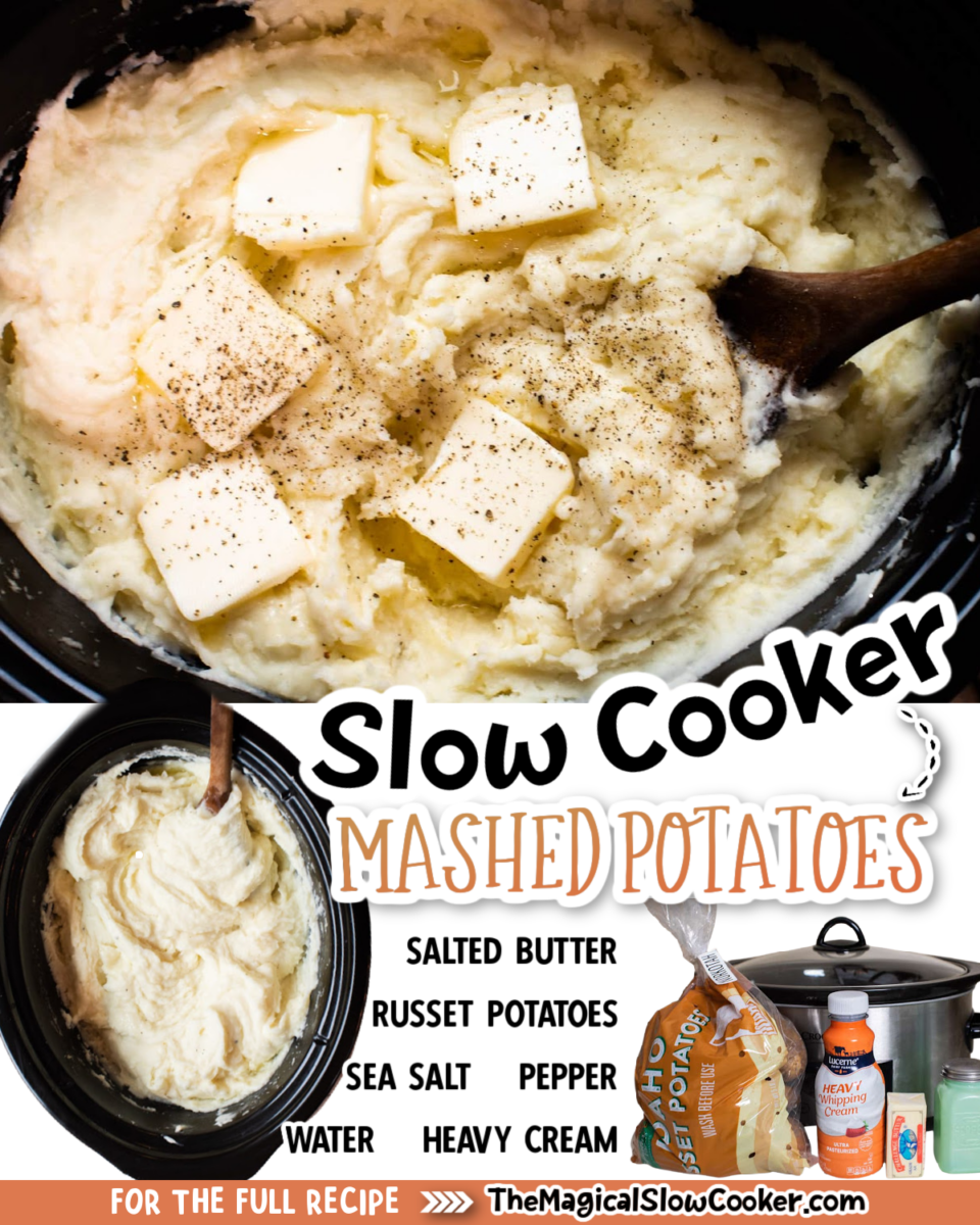 Collage of mashed potato images with text of what ingredients are.