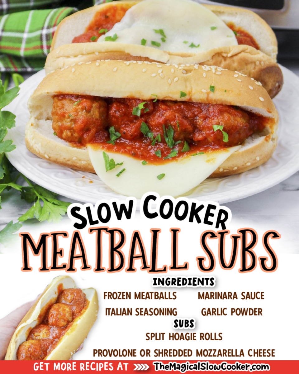Collage of meatball sub images with text of what ingredients are needed.