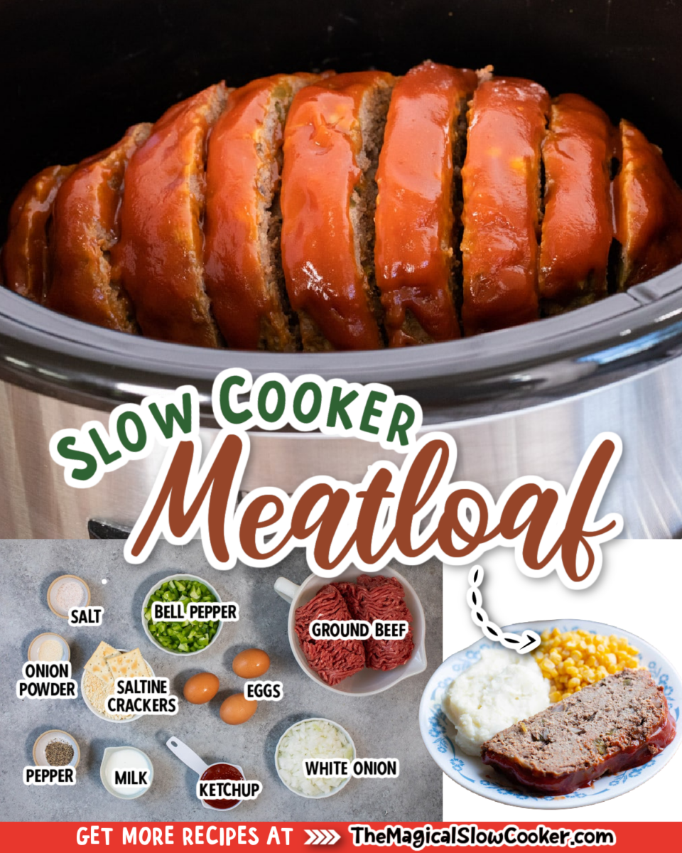Collage of meatloaf images with text of what ingredients are needed.