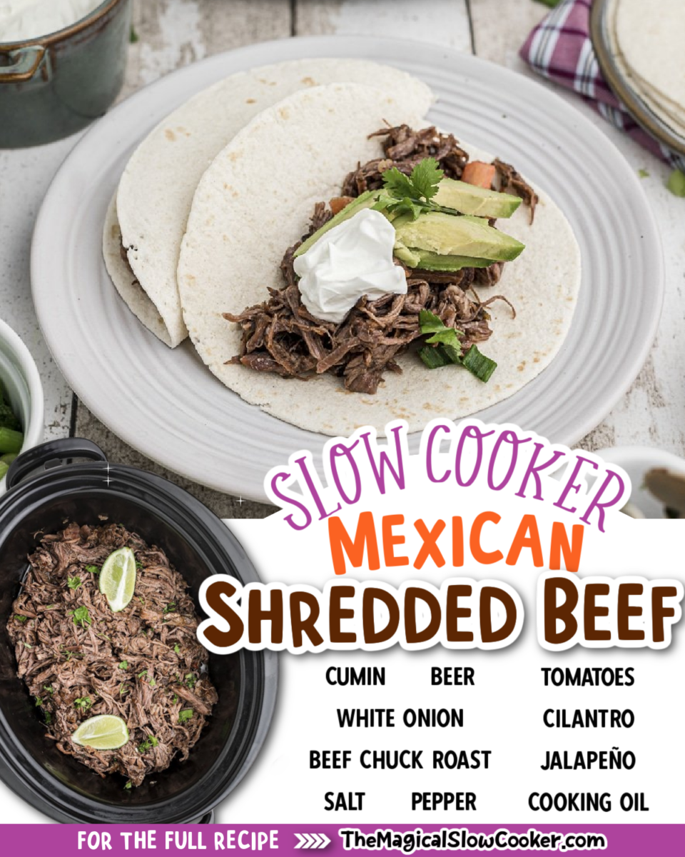 Collage of mexican shredded beef with text of what ingredients are needed.