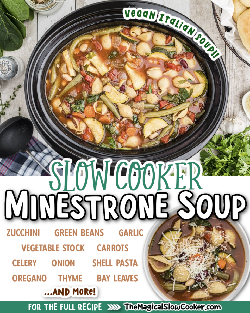 Collage of minestrone soup images with text of what ingredients are.