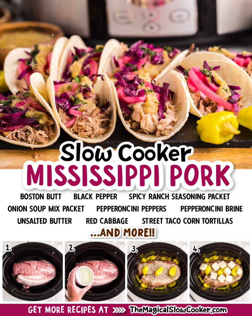 Collage of mississippi pork images with text of what ingredients are.