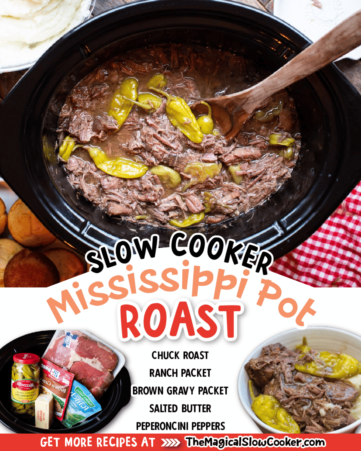 Collage of mississippi pot roast images with text of what ingredients are needed.