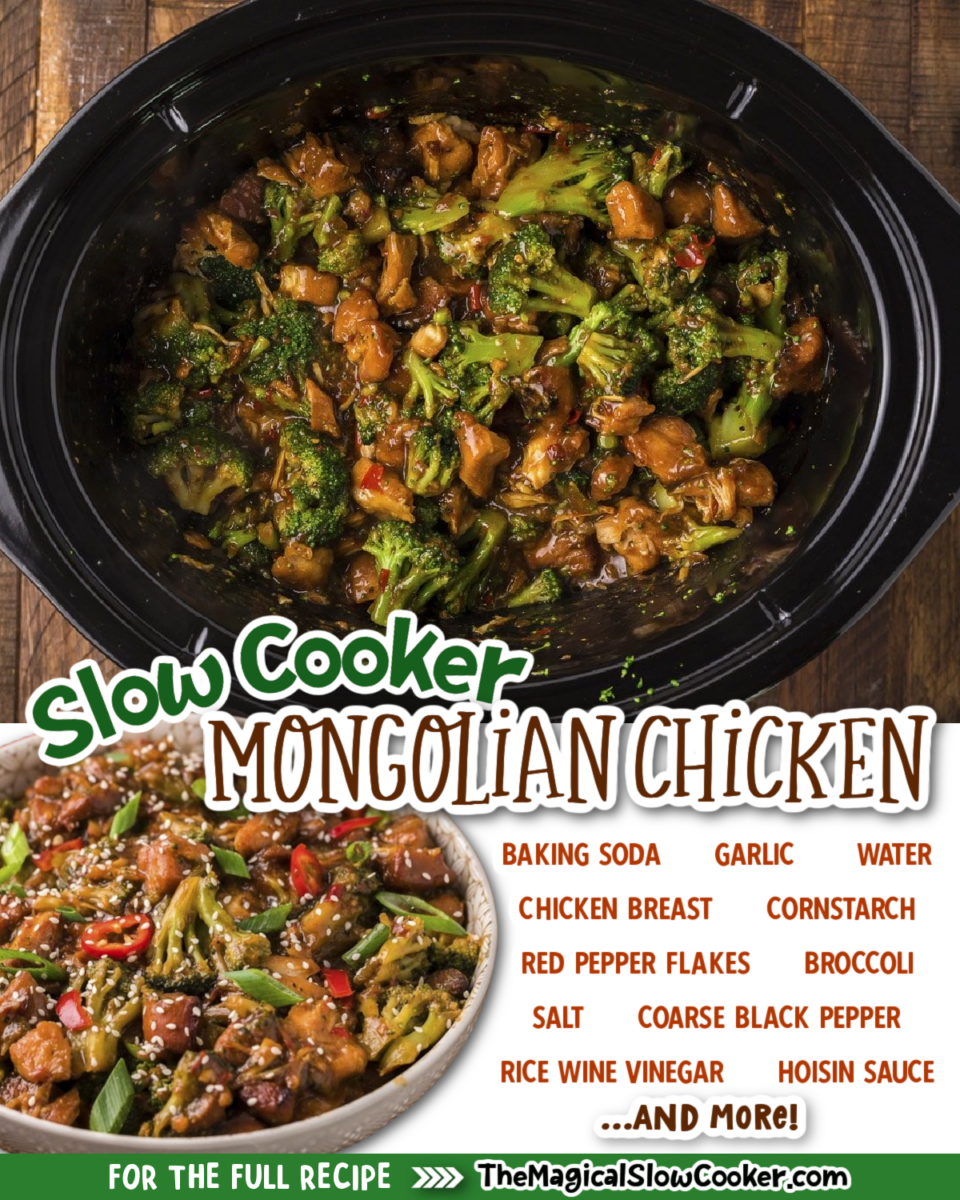 Collage of Mongolian chicken images with text of what ingredients are needed.