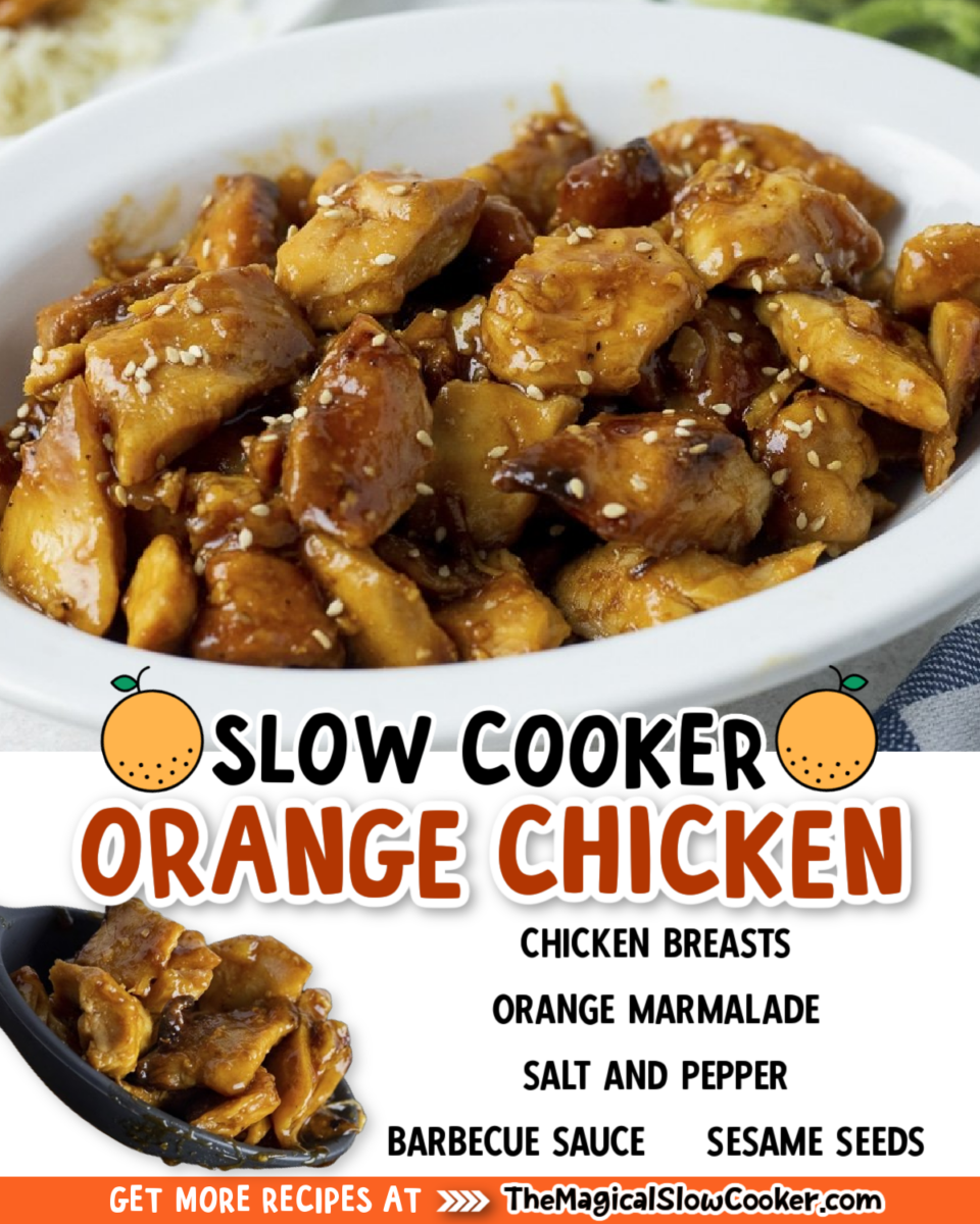 Collage of orange chicken images with text of what ingredients are needed.