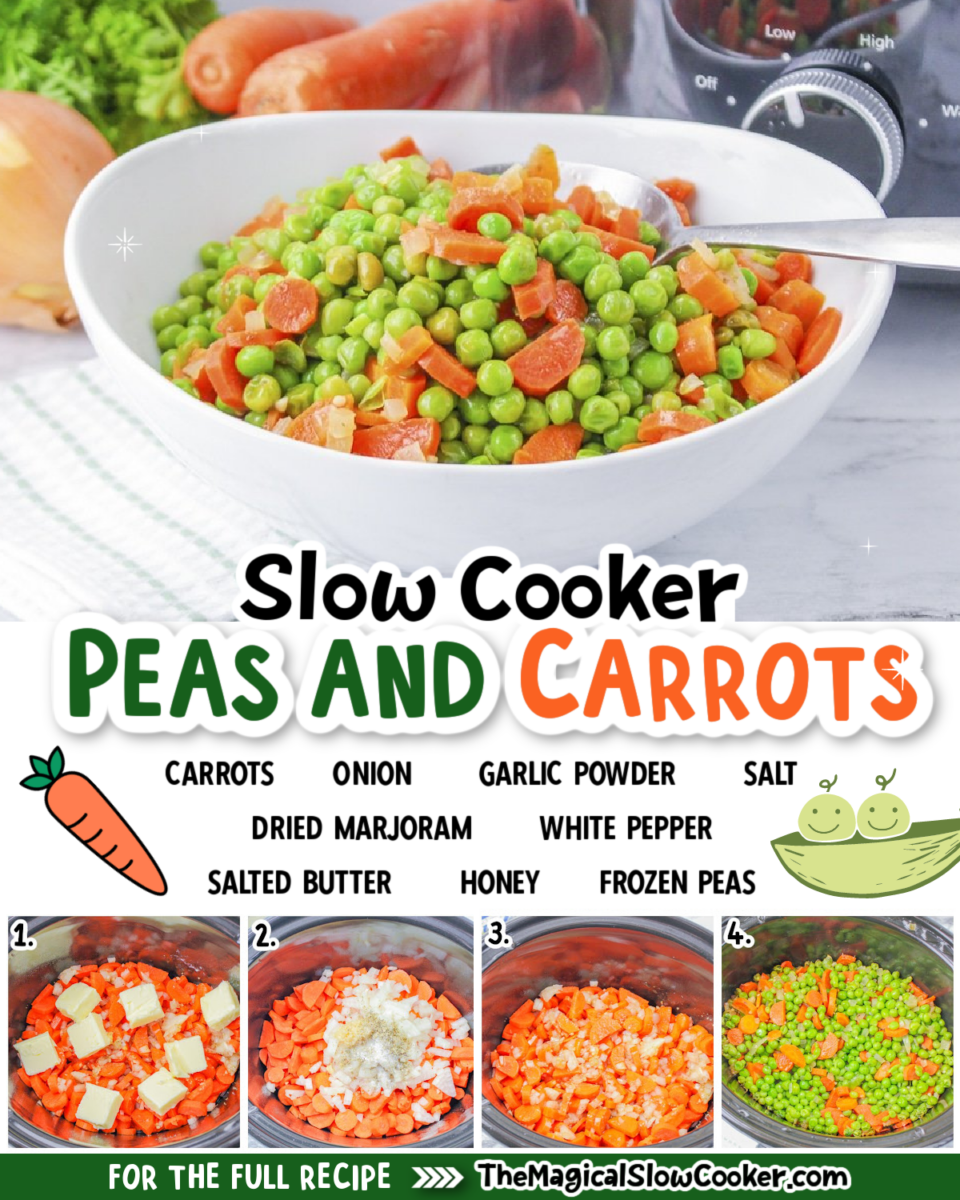 Collage of peas and carrots images with text of what ingredients are.