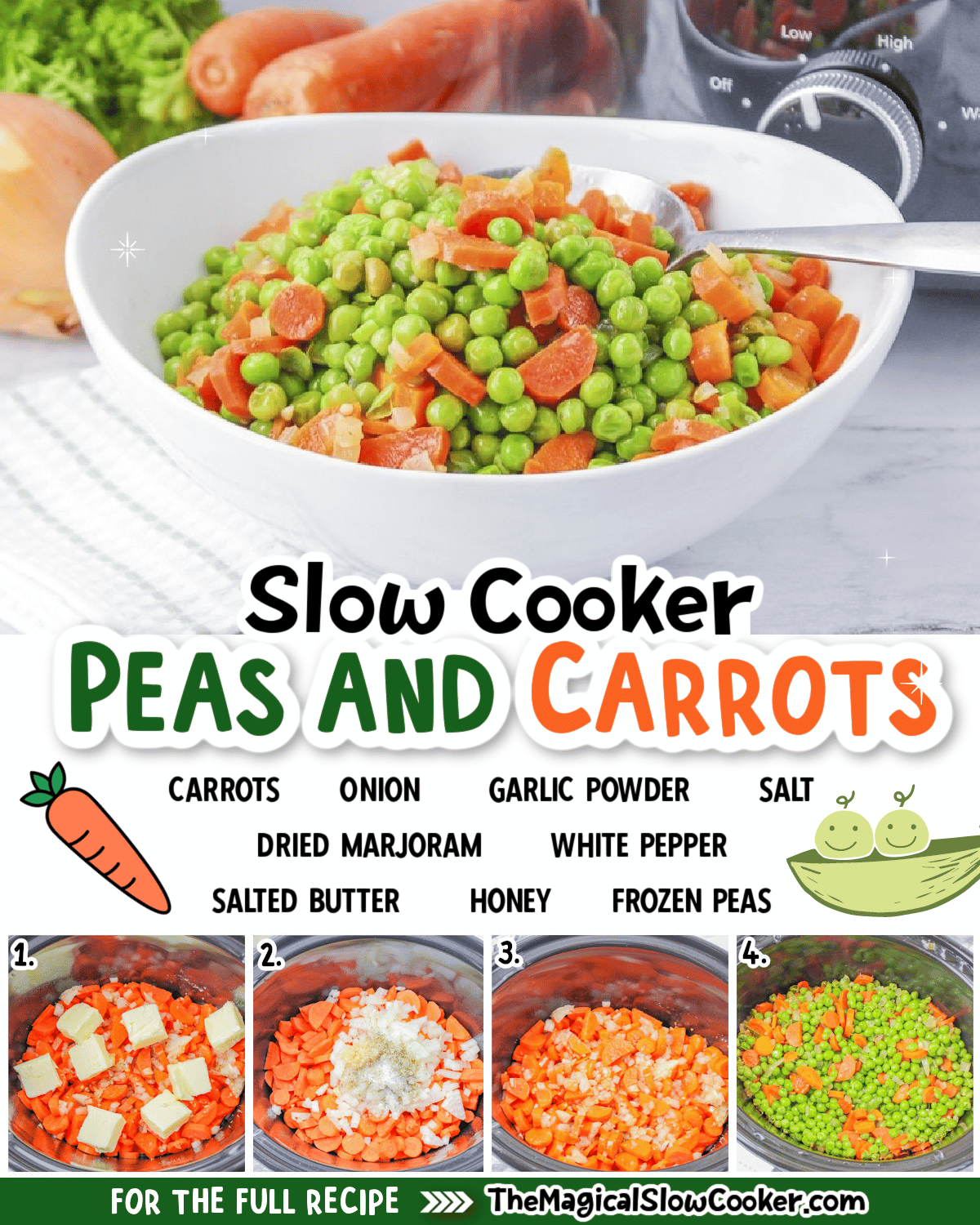 Collage of peas and carrots images with text of what ingredients are.