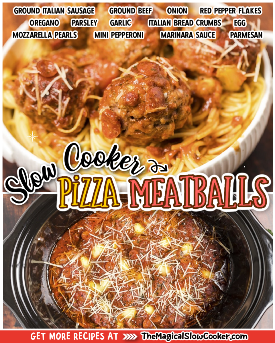 Collage of pizza meatball images with text of what the ingredients are.