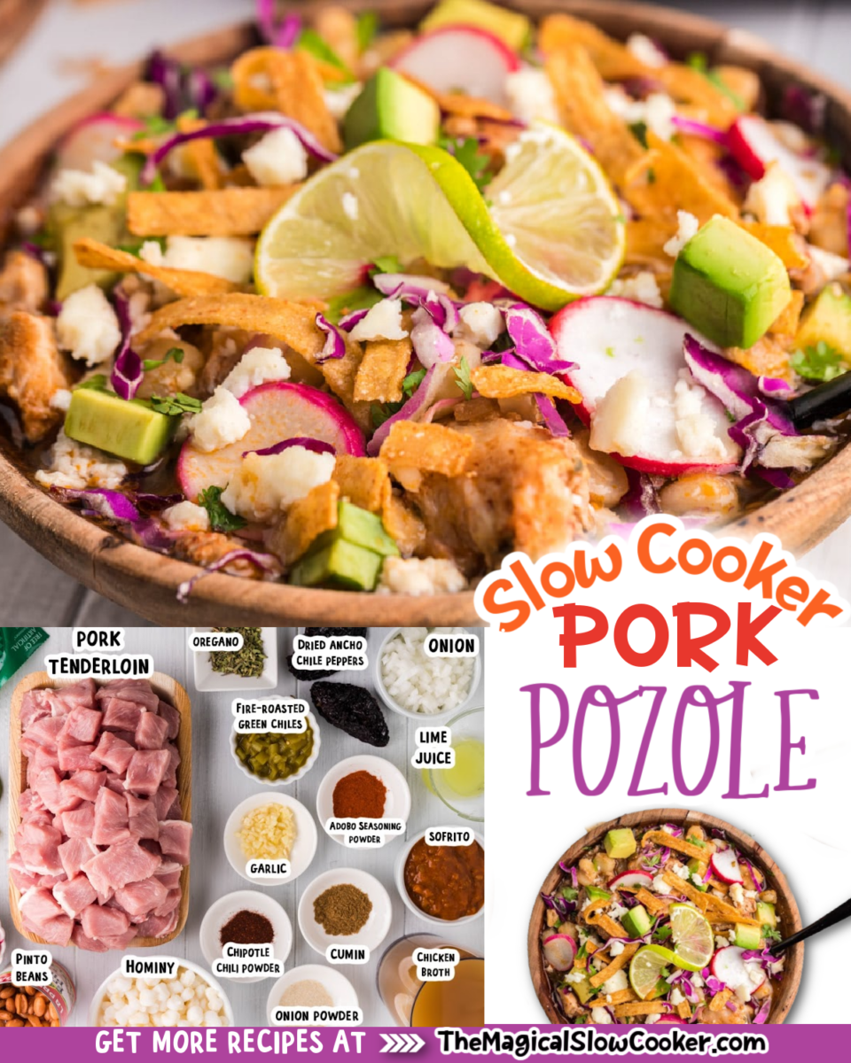 Collage of pork pozole images with text of what ingredients are.