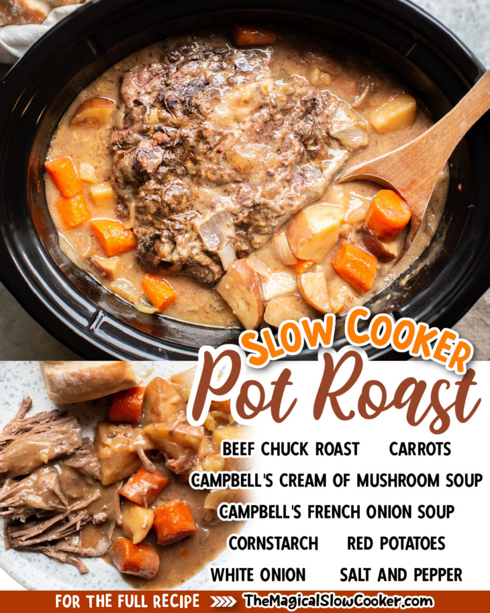 Collage of pot roast images with text of what ingredients are needed.