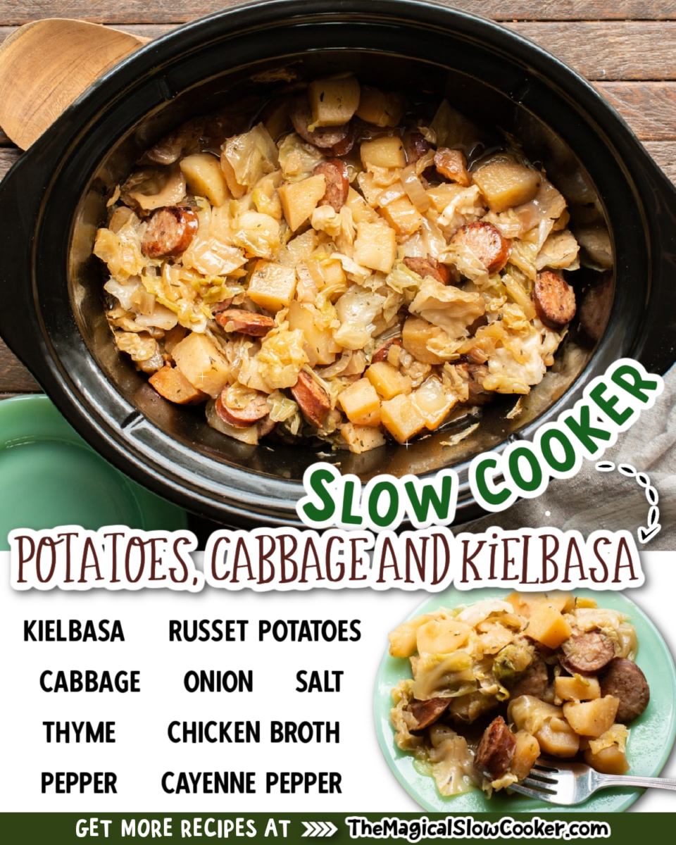 Collage of potatoes and kielbasa images with text of what ingredients are.