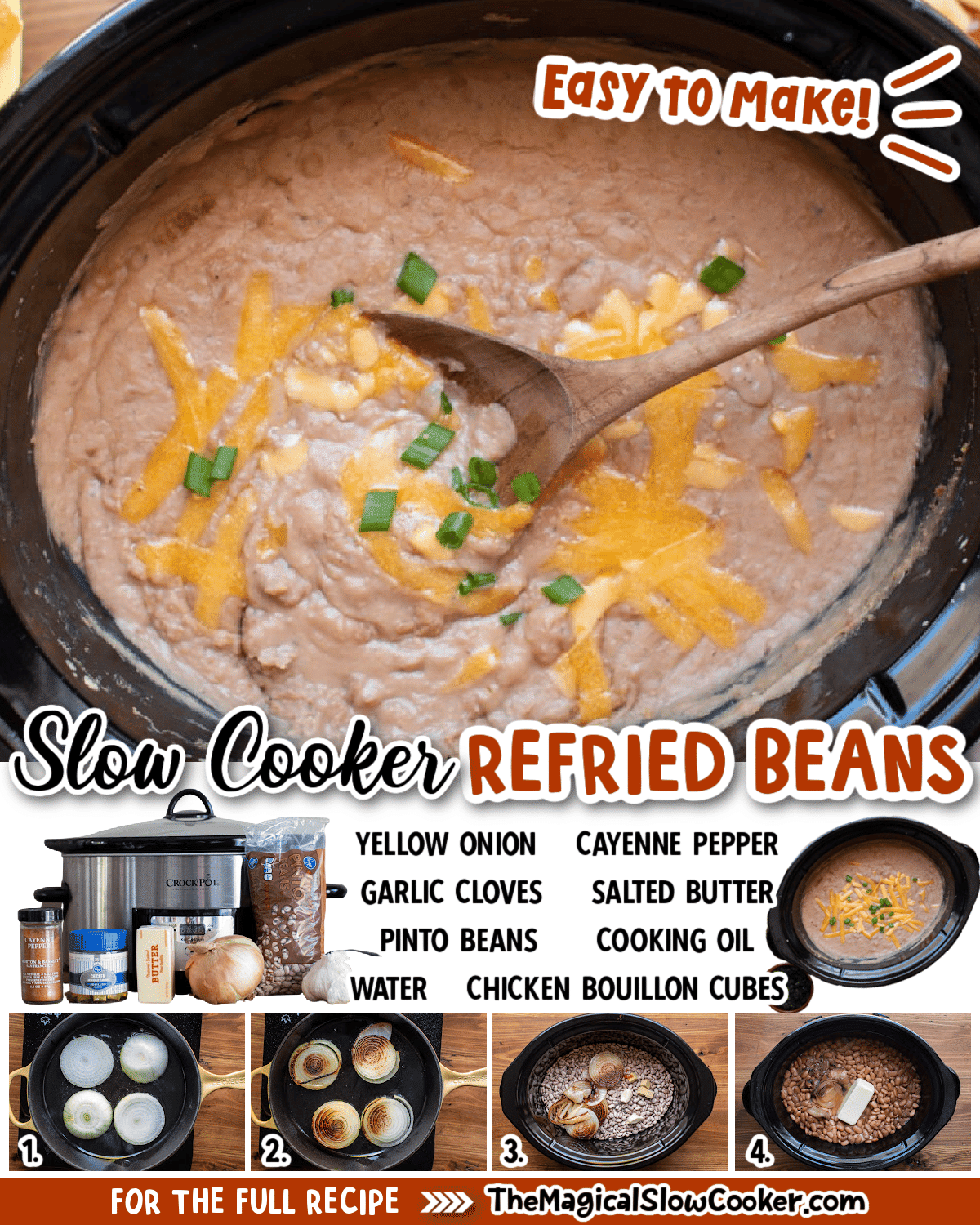 Collage of refried beans images with text of what ingredients are.