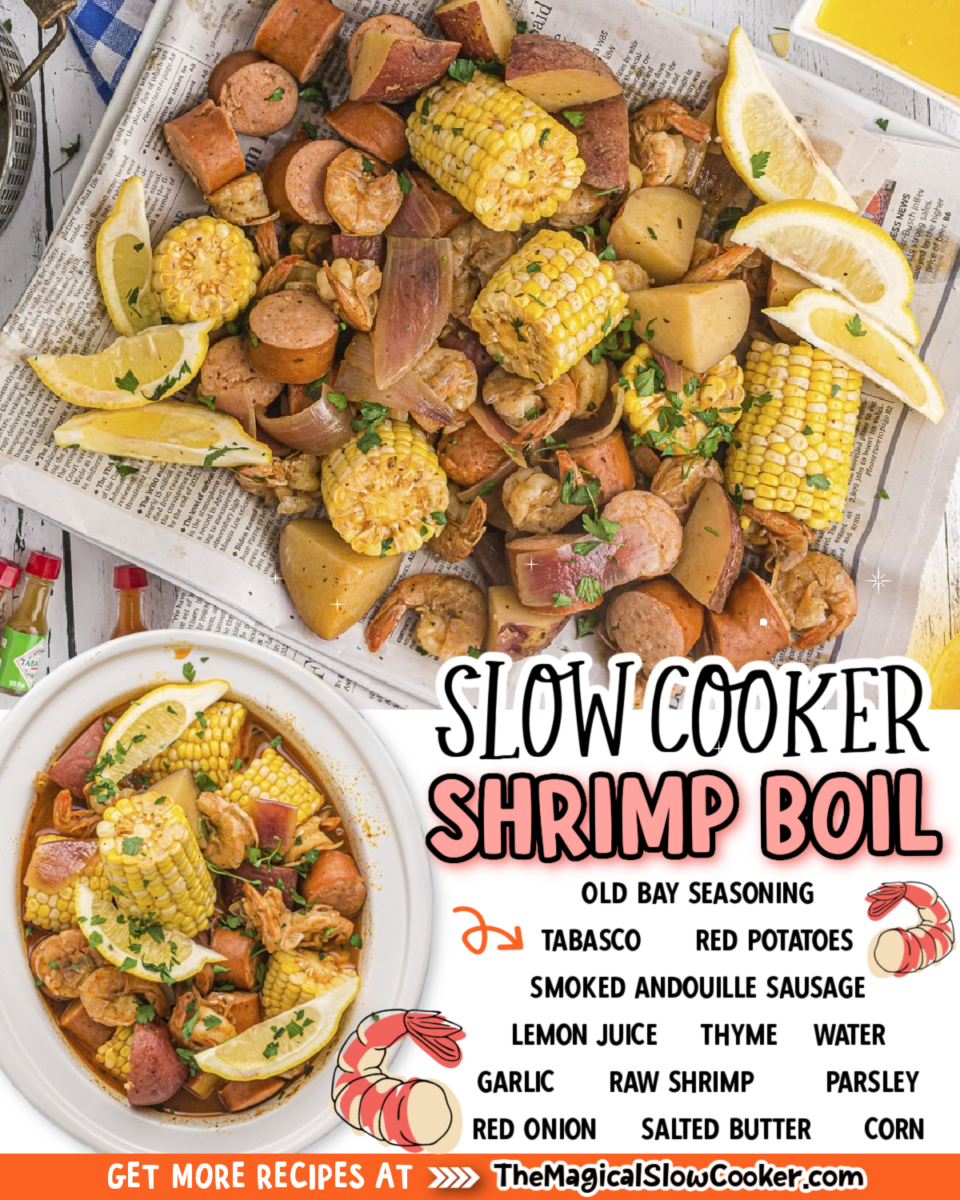 Collage of shrimp boil images with text of what ingredients are.