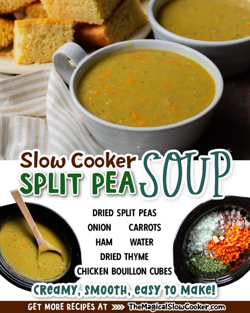 Collage of split pea images with text of what ingredients are.