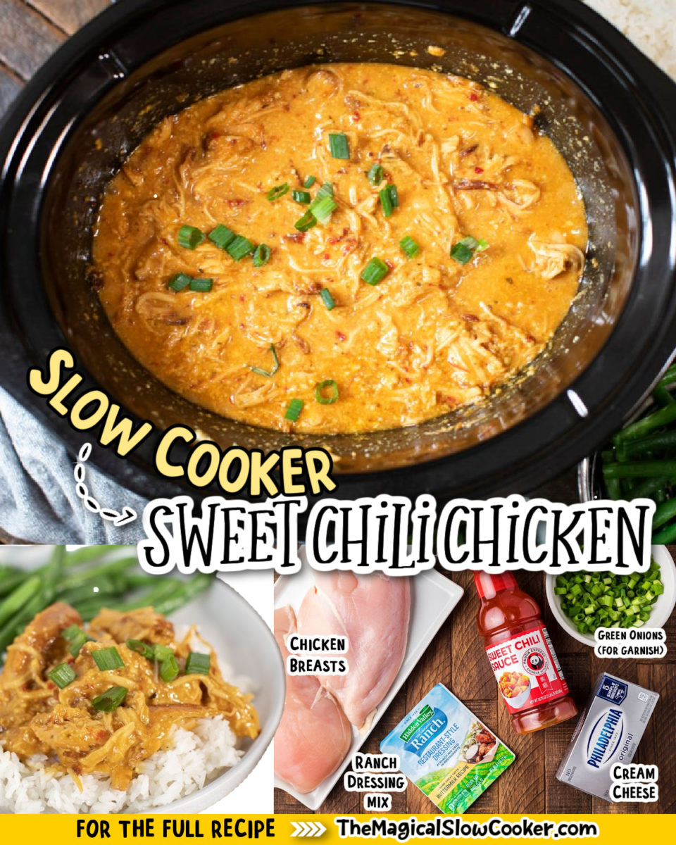 Collage of sweet chili chicken with text of what ingredients are needed.