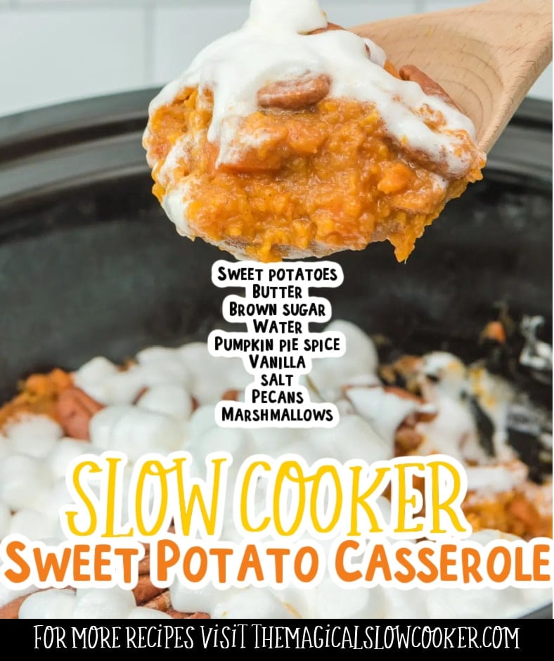 Collage of sweet potato casserole images with text of what ingredients are.