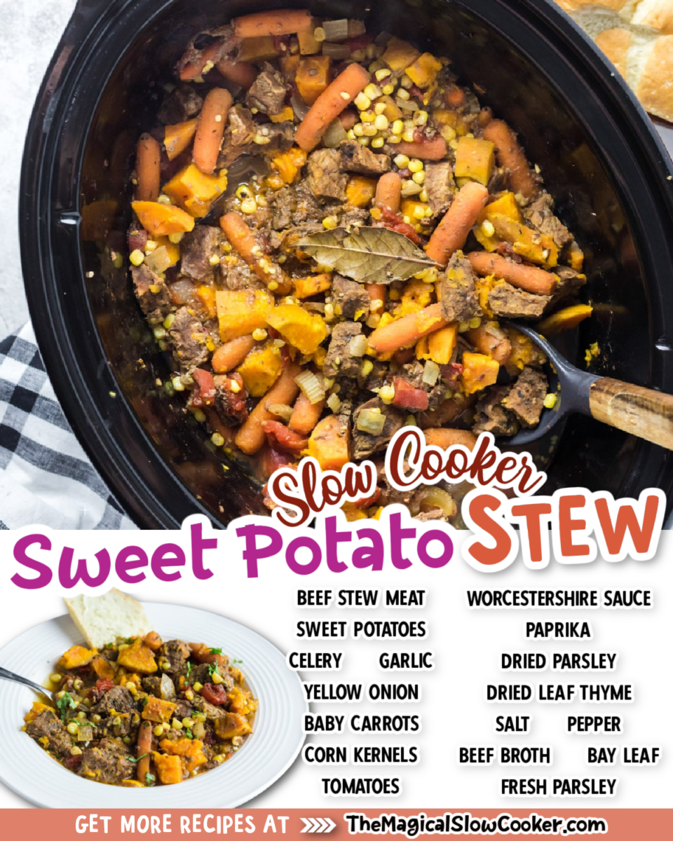 Collage of sweet potato stew images with text of what ingredients are.