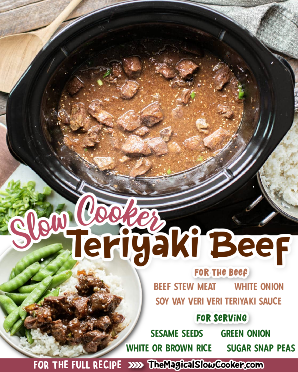 Collage of teriyaki beef images with text of what ingredients are needed.