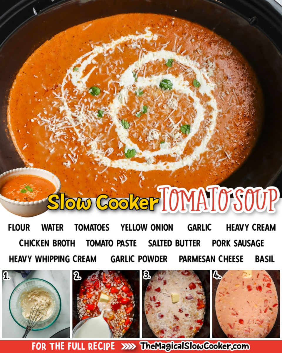 Collage of tomato soup images with text of what ingredients are.