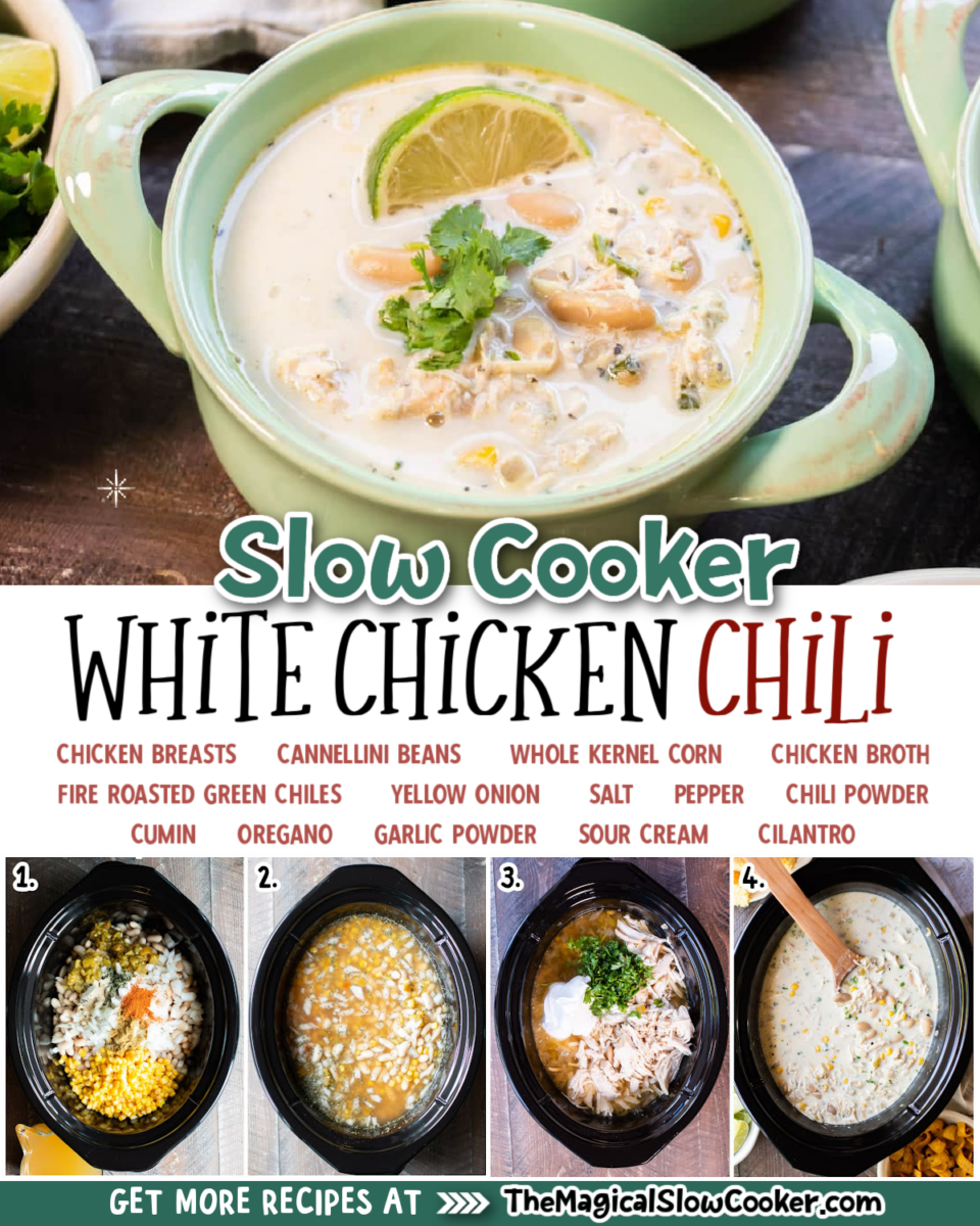 Collage of white chicken chili images with text of what ingredients are.