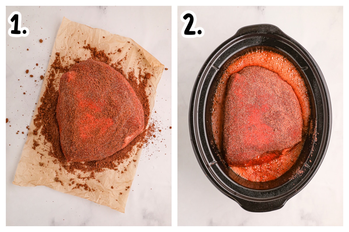 How to add rub to pork shoulder and add to slow cooker with beer.