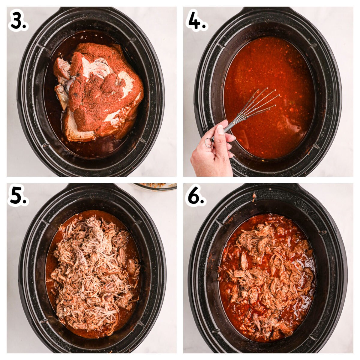 4 image collage on how to shred pork and make homemade barbecue sauce.