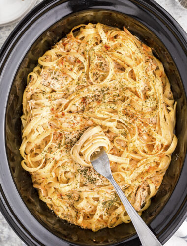 Close up of cajun chicken fettuccine in slow cooker.