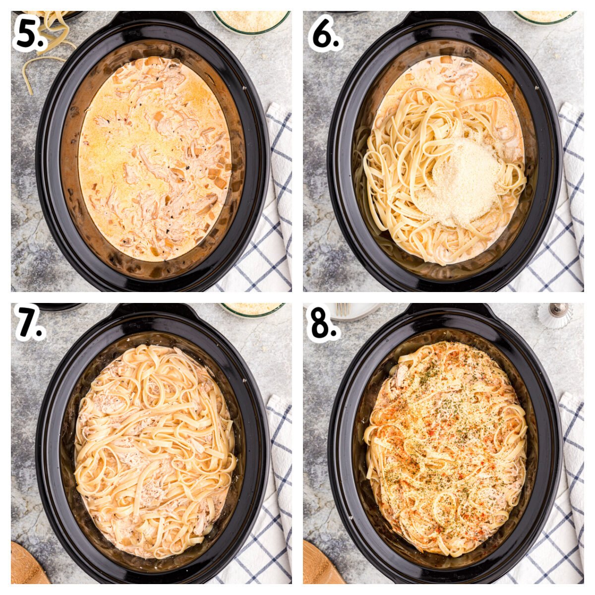 How to add cream, noodles and parmesan to chicken in slow cooker.