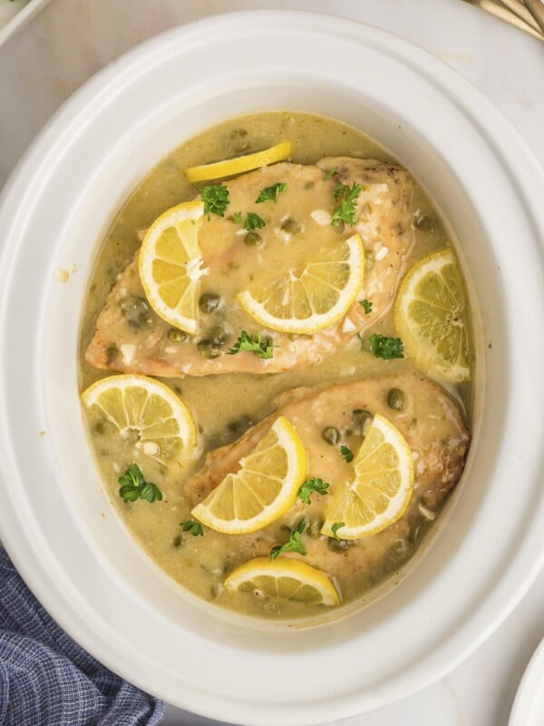 Close up of chicken piccata in the slow cooker.