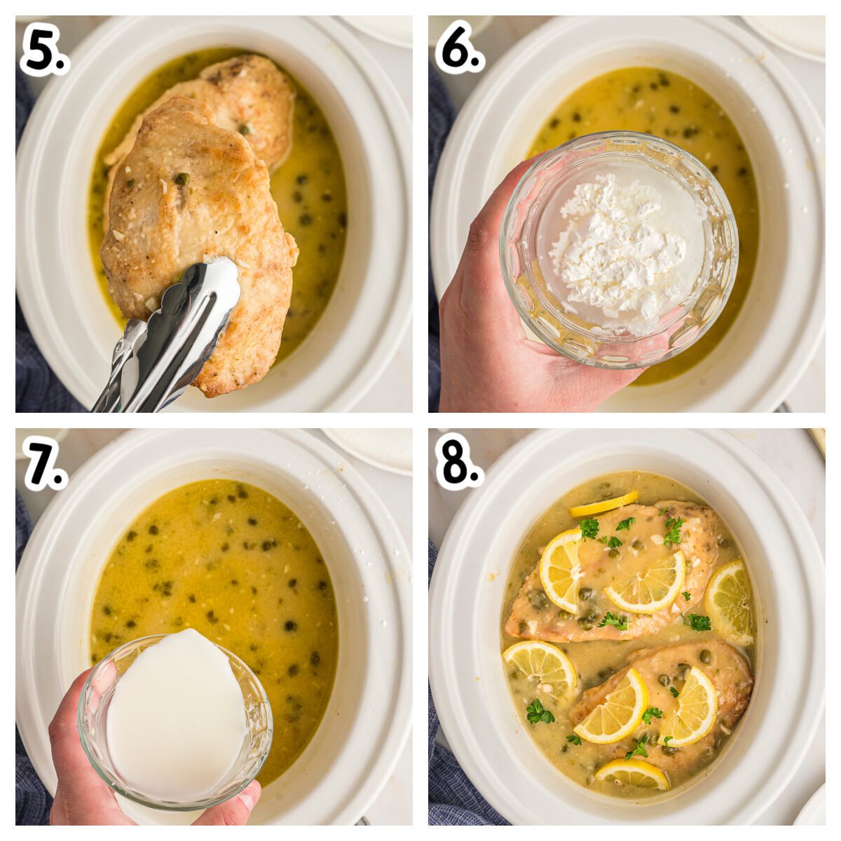 4 image collage about how to add chicken piccata ingredients to slow cooker.