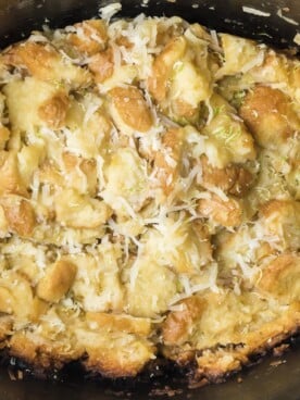close up of coconut bread pudding in slow cooker.