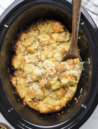 Coconut bread pudding done cooking in slow cooker.