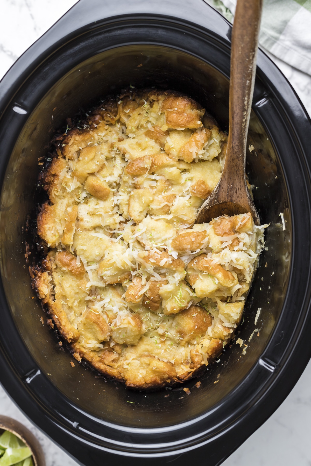 Coconut bread pudding done cooking in slow cooker.