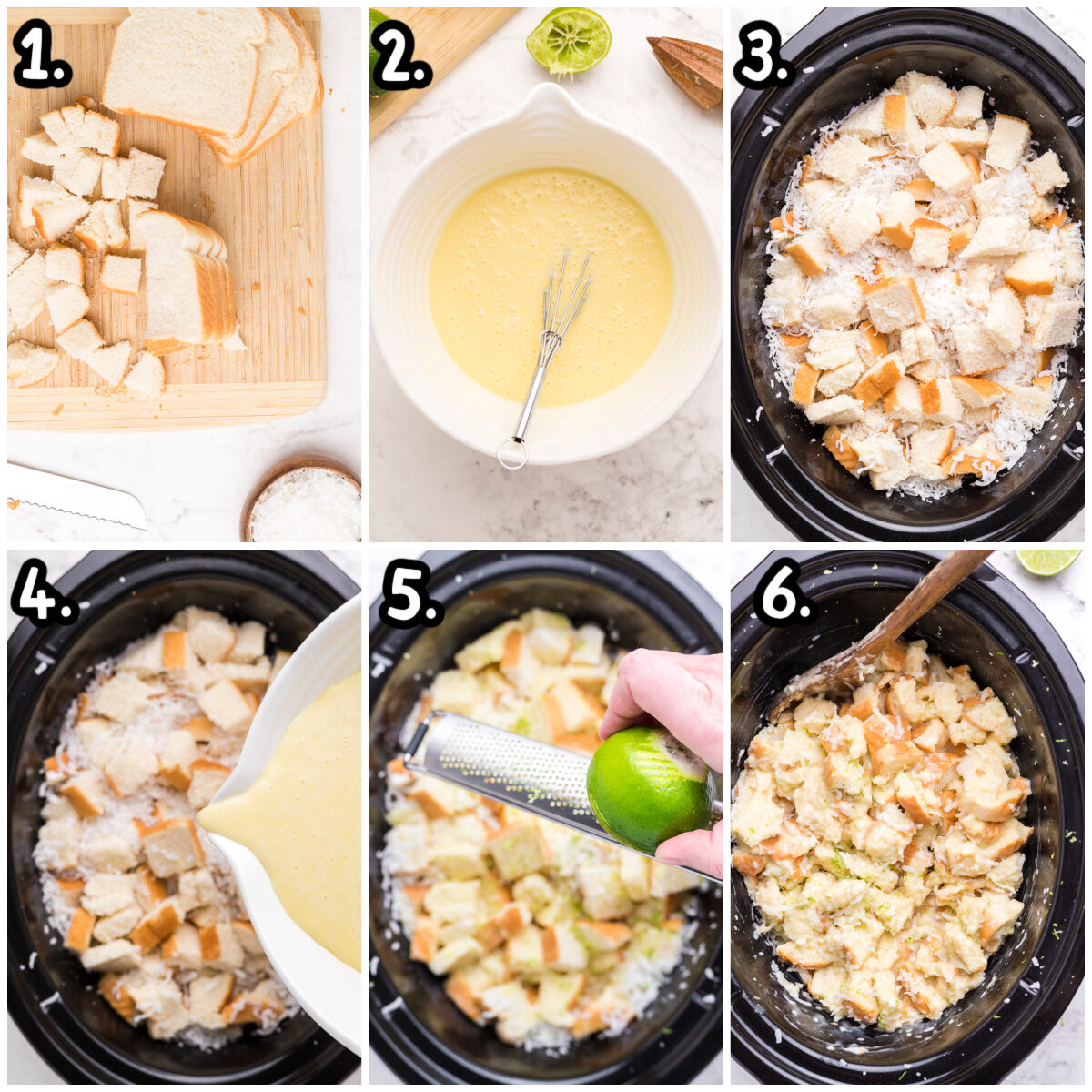 6 picture collage about how to make coconut bread pudding in crockpot.