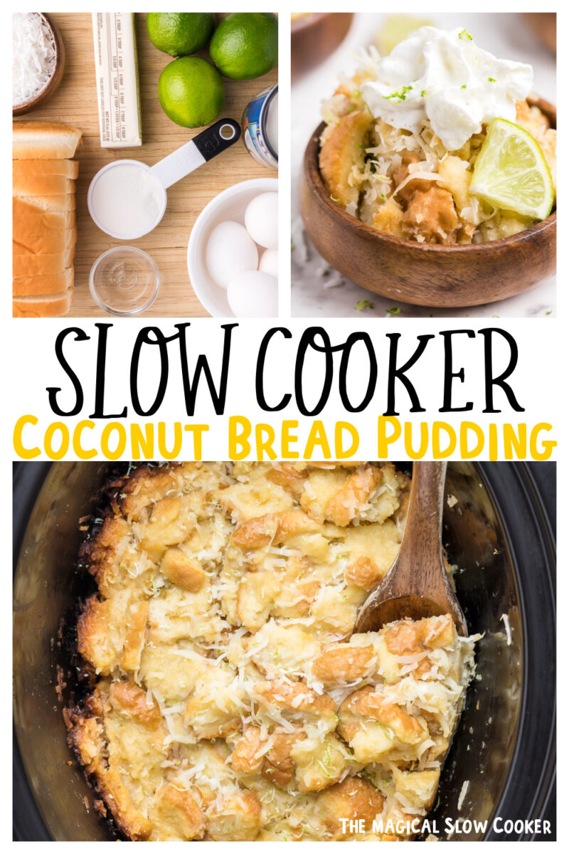 collage of coconut bread pudding images with text overlay for pinterest