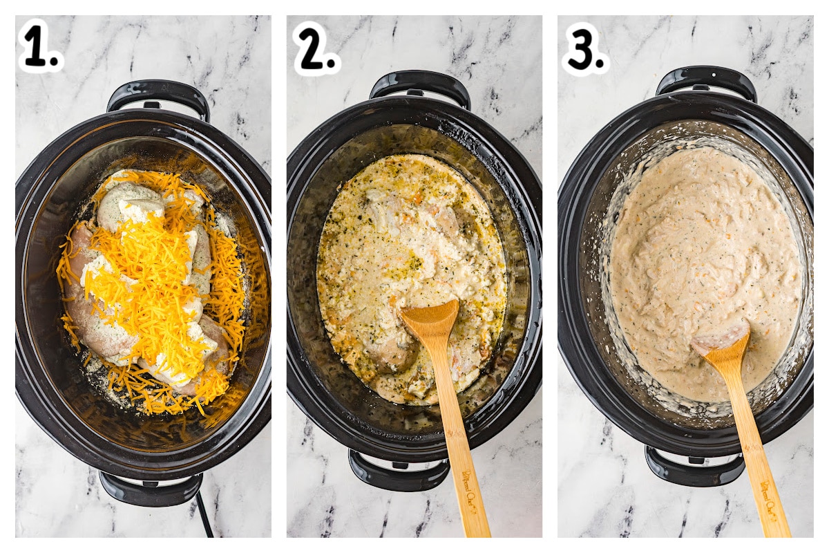 3 image collage about how to put ranch chicken in crockpot.