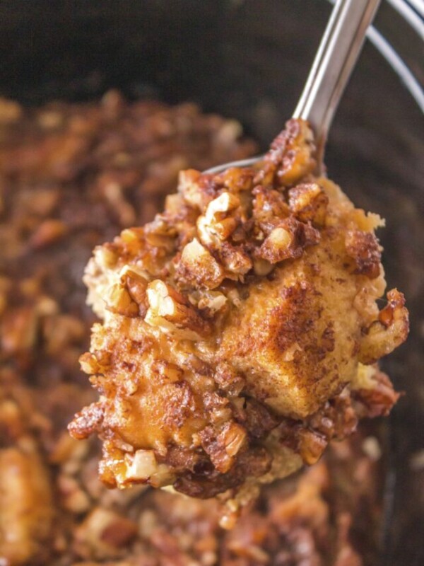 french toast casserole on a spoon.