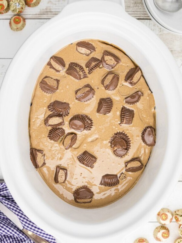 peanut butter chocolate cake in white slow cooker.