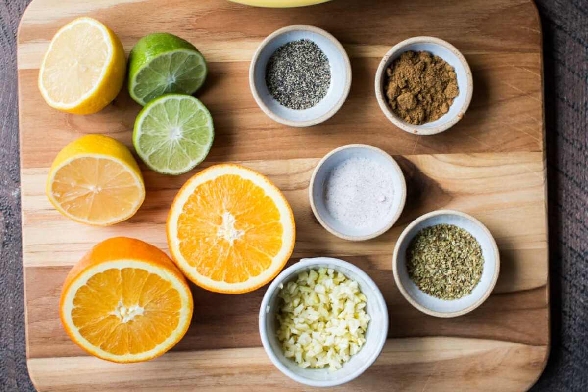 overhead shot of the ingredients for cuban pork.